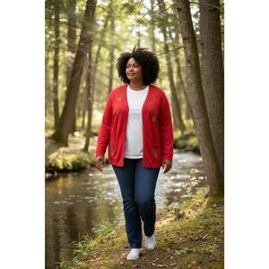 Vintage Breckenridge Red 3X Embroidered Birds Floral Foliage Button Up Cardigan